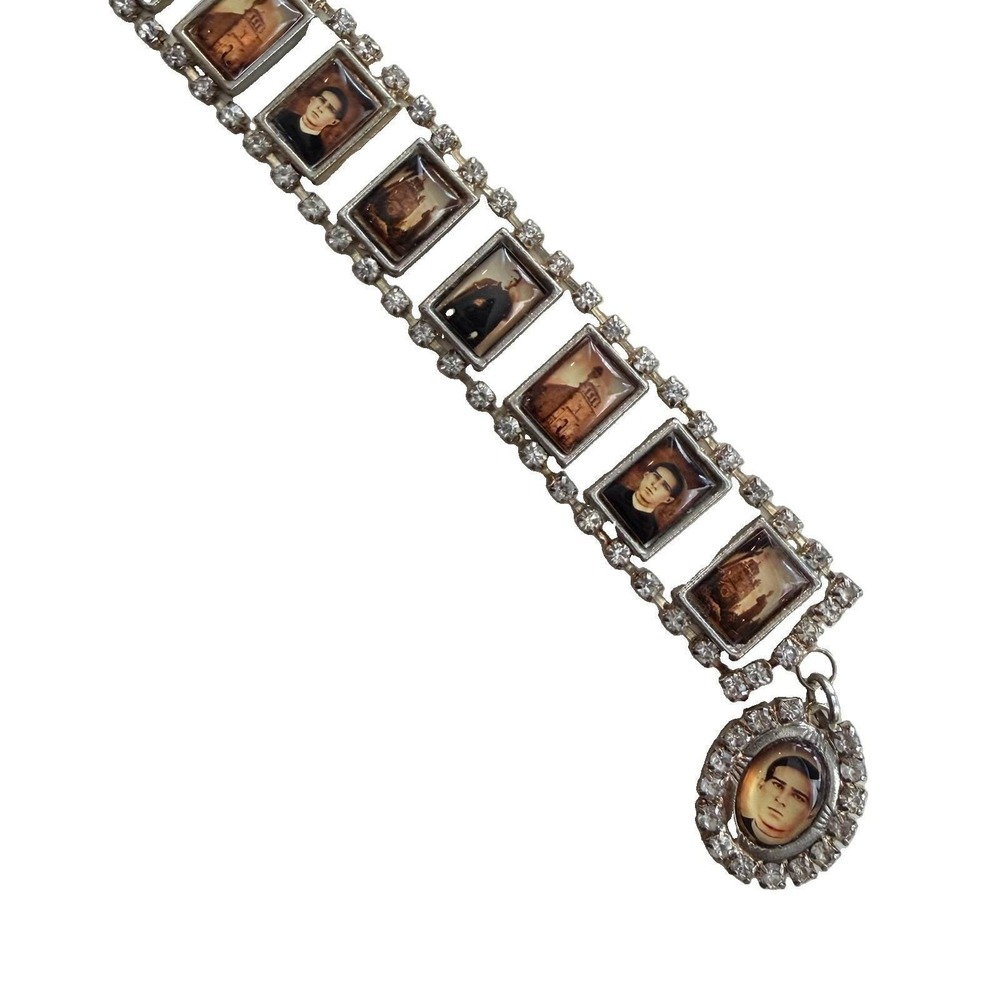 Vintage Santo Toribio Romo Catholic Rhinestone Shrine Bracelet Mexico